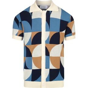 Vintage Polo Shirt for Men's Geometric Patterns Knitted Short Sleeve Poloshirt White Blue
