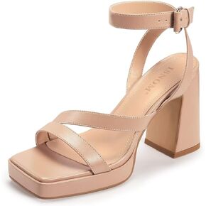 ISNOM Platform Chunky Heels for Women Square Open Toe Strappy Heels Ankle Strap Heeled Sandals Comfort Dress Party Shoes