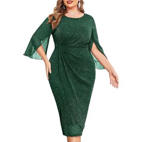 ZOMVA Womens Plus Size Mesh Cocktail Dress Petal 3/4 Sleeve Round Neck Wedding Guest Party Midi Dresses