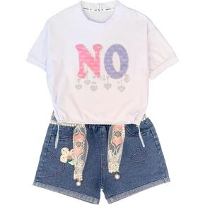 Peacolate 4-10Years Summer Little&Big Girls 2pcs Clothing Set Short Sleeve T Shirt and Denim Shorts