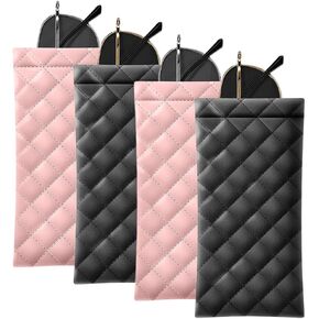 4 Pcs Squeeze Top Glasses Case Soft, Portable PU Leather Soft Eyeglass Case Sunglass Holder (Pink Black)