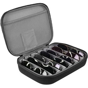 JSVER Hard Shell Sunglasses Case, Portable Sunglasses Organizer With Adjustable Slots, Black and Gray Checkered EVA and Velvet Material, Holds Up to 7 Pairs