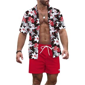 Men's Hawaiian 2 Piece Outfits Summer Vacation Beach Floral Short Sleeve Button Down Shirts and Shorts Set
