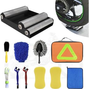 Motorcycle Wheel Cleaning Stand with Motorcycle & Bike Cleaning Brush Kit,Cleaning Wash Kit with Storage Bag for Tire Cleaning,Chain Lubrication,Mudguard,Rims,Paint,Frame Clean (11PCS)