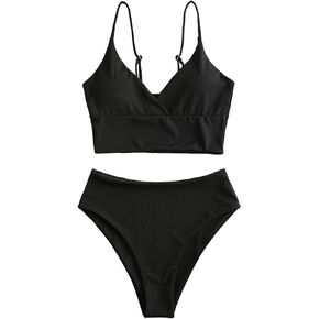 ZAFUL Women Tankini Set, Ribbed High Cut Surplice Swimsuit Bathing Suit with Spaghetti Straps