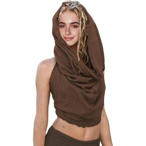 Dune Style Women's Crop Tank Top - Halter, Boho Open Back, Cross Wrap Swim Cover Up, 100% Cotton, Washed Raw-Edge