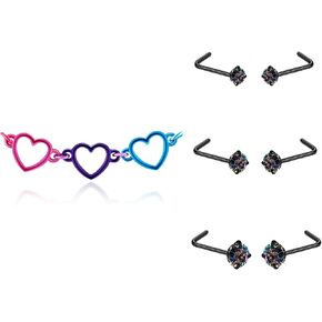 20G Nose Rings Nose Chain Stainless Steel CZ Nose Studs Piercing Across Nose L Shaped S Shaped Heart Nose Piercing Chain Nostril Piercing Jewelry for Women Men