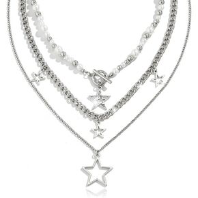 3 Pieces Silver Star Necklace Choker Y2K Hipster Style Star Pendant Jewelry Set Faux Pearls Metal Chain Necklaces