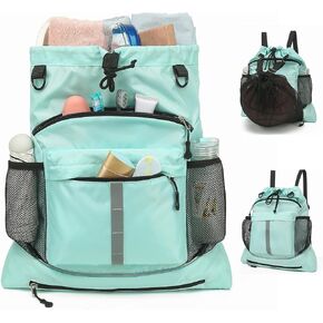 Drawstring Backpack, Waterproof Sandproof Beach Backpack for Sport Gear Small Gym Bag with Hidden Ball Net Pocket and Seperated Wet Pocket Draw String Back Bag for Women Men, Green