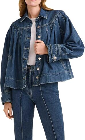 Womens Cropped Denim Jacket Long Sleeve Collared Button Down Pleated Jean Jckets with Pockets in Saudi Arabia