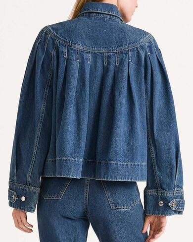 Womens Cropped Denim Jacket Long Sleeve Collared Button Down Pleated Jean Jckets with Pockets in Saudi Arabia