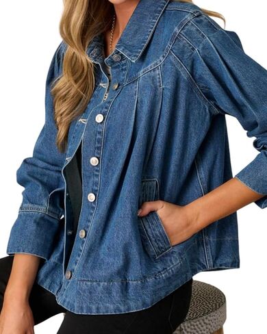 Womens Cropped Denim Jacket Long Sleeve Collared Button Down Pleated Jean Jckets with Pockets in Saudi Arabia