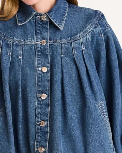 Womens Cropped Denim Jacket Long Sleeve Collared Button Down Pleated Jean Jckets with Pockets in Saudi Arabia