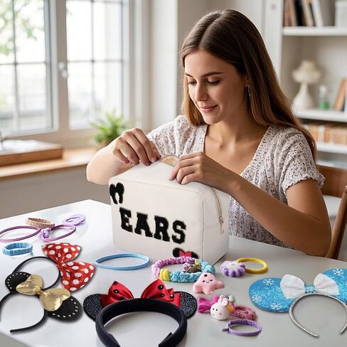 Mouse Ears Bag Travel Case Hair Accessories Organizer Bow Mouse Ears Headbands Holder Storage Nylon Large Chenille Letter Makeup Bag Park Travel Essentials Gifts for Women in Saudi Arabia