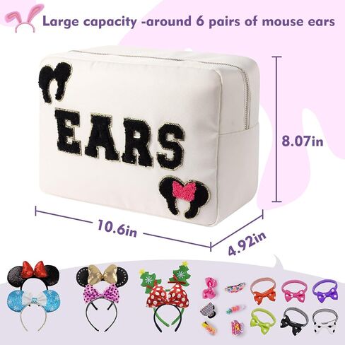 Mouse Ears Bag Travel Case Hair Accessories Organizer Bow Mouse Ears Headbands Holder Storage Nylon Large Chenille Letter Makeup Bag Park Travel Essentials Gifts for Women in Saudi Arabia