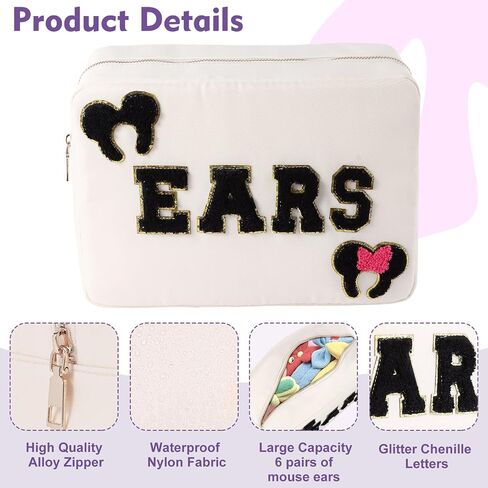 Mouse Ears Bag Travel Case Hair Accessories Organizer Bow Mouse Ears Headbands Holder Storage Nylon Large Chenille Letter Makeup Bag Park Travel Essentials Gifts for Women in Saudi Arabia