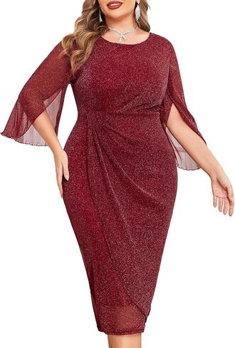 Zomva Womens Plus Size Mesh Cocktail Dress Petal 3/4 Sleeve Round Neck Wedding Guest Party Midi Dresses in Kuwait