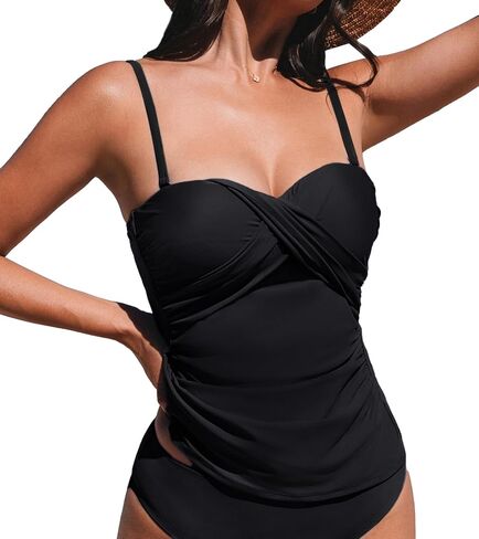 CUPSHE Women's Tankini Top Swimsuit Only Sweetheart Neck Wrapped Front Bandeau Bathing Suit Top Ruched Removable Straps in Saudi Arabia