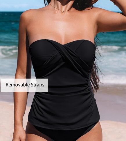 CUPSHE Women's Tankini Top Swimsuit Only Sweetheart Neck Wrapped Front Bandeau Bathing Suit Top Ruched Removable Straps in Saudi Arabia