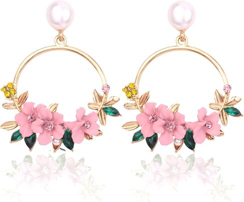 Lakiyoyo Pink Flower Flower أقراط للنساء اللطيفات اللؤلؤة الدائرية للأقراط الخيالية البيان الصيفي المنعش الساحلي الأقراط in Kuwait