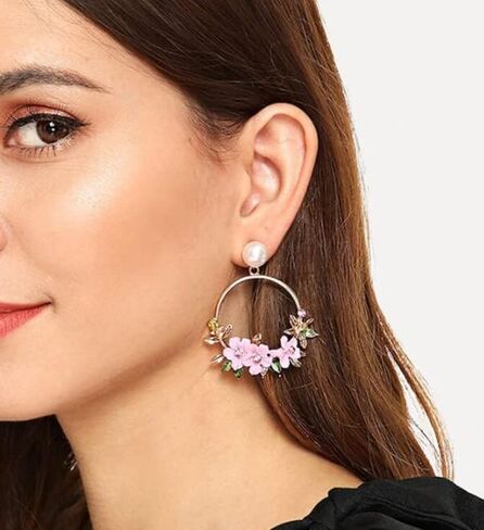 Lakiyoyo Pink Flower Flower أقراط للنساء اللطيفات اللؤلؤة الدائرية للأقراط الخيالية البيان الصيفي المنعش الساحلي الأقراط in Kuwait