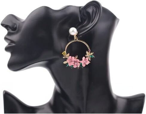 Lakiyoyo Pink Flower Flower أقراط للنساء اللطيفات اللؤلؤة الدائرية للأقراط الخيالية البيان الصيفي المنعش الساحلي الأقراط in Kuwait