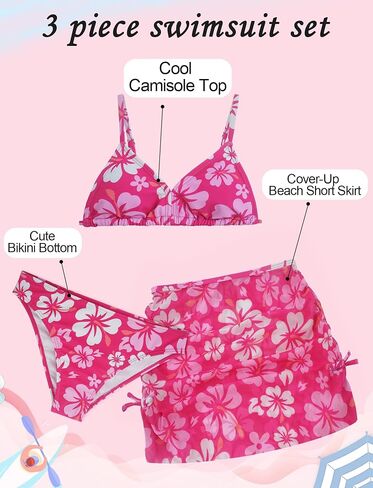 Happy Cherry Swimsuits for Teen Girls Bikini Cute Bathing Suits Kids Tropical Floral 3 Piece Swim Suits with Shorts Skirt in Saudi Arabia