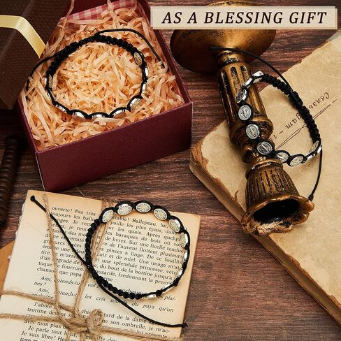 Hicarer 6 Pcs Saint Benedict Bracelets Protection Adjustable Handmade Black Cord Religious Jewelry ST Benedict Medal Rosary Wrist Bracelet Serenity Blessing Catholic Gifts for Women Men in Saudi Arabia
