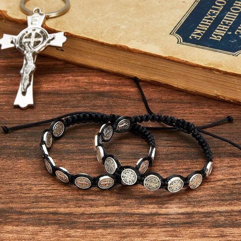 Hicarer 6 Pcs Saint Benedict Bracelets Protection Adjustable Handmade Black Cord Religious Jewelry ST Benedict Medal Rosary Wrist Bracelet Serenity Blessing Catholic Gifts for Women Men in Saudi Arabia