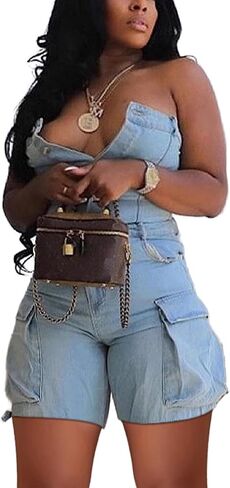 Tbahhir Denim Jumpsuit for Women Sexy Sleeveless Cargo Shorts Jean Rompers Button Down One Piece Outfit with Pockets in Saudi Arabia