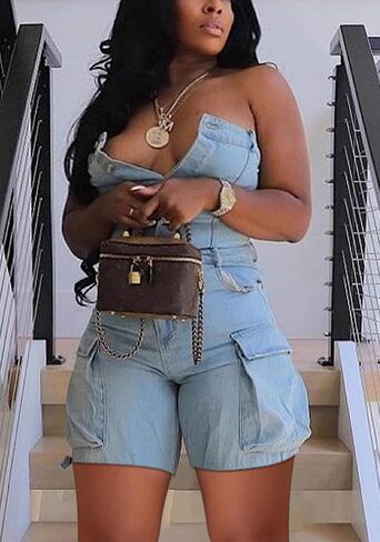 Tbahhir Denim Jumpsuit for Women Sexy Sleeveless Cargo Shorts Jean Rompers Button Down One Piece Outfit with Pockets in Saudi Arabia