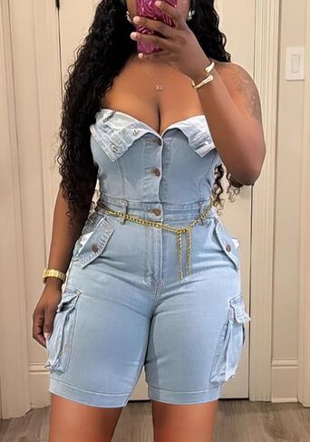 Tbahhir Denim Jumpsuit for Women Sexy Sleeveless Cargo Shorts Jean Rompers Button Down One Piece Outfit with Pockets in Saudi Arabia