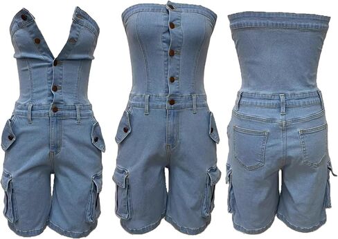 Tbahhir Denim Jumpsuit for Women Sexy Sleeveless Cargo Shorts Jean Rompers Button Down One Piece Outfit with Pockets in Saudi Arabia