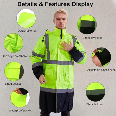 سلامة المعطف المطرور عمل للرجال مقاوم للماء مع القاع الأسود ، معاطف المطر الداخلية الشبكة عالية الرؤية معدات المطر in Kuwait