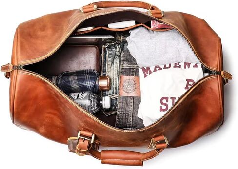 Mullis Mercantile Leather Weekender Bag, an ideal men's classic. Perfect for overnight stays, full-grain leather, a retro design, gym, and a YKK zipper, brown. (22 inch Vintage Leather Duffle) in Saudi Arabia