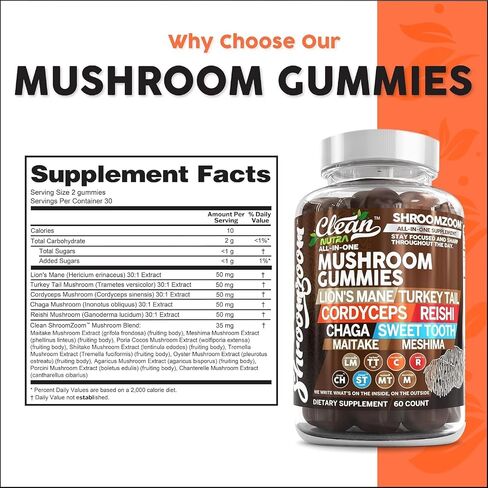 15in1 Mushroom Gummies with Lion's Mane Turkey Tail Cordyceps Reishi Chaga Sweet Toot Maitake Meshima Poria Cocos Shiitake Tremella, Oyster Agaricus Mushrooms for Men and Women Supplement - 2Pack in Saudi Arabia