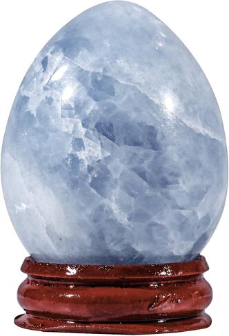 Sportmusies Natural Blue Celestite Stone Egg with Wood Stand, Polished Reiki Stone Egg Figurine Decoration for Home Desk Meditation, 2-2.36 inches in Saudi Arabia