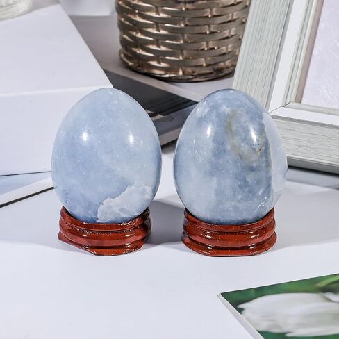 Sportmusies Natural Blue Celestite Stone Egg with Wood Stand, Polished Reiki Stone Egg Figurine Decoration for Home Desk Meditation, 2-2.36 inches in Saudi Arabia