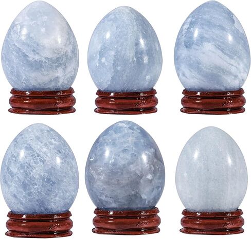 Sportmusies Natural Blue Celestite Stone Egg with Wood Stand, Polished Reiki Stone Egg Figurine Decoration for Home Desk Meditation, 2-2.36 inches in Saudi Arabia