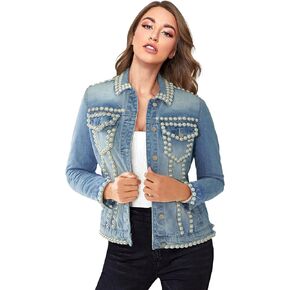 Hybrid & Company Women's Denim Jacket Embroidered Pearls Beading Jeans Jacket Coat With Pockets