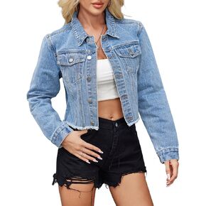 Jean Jacket Women Frayed Raw Hem Button Up Long Sleeve Cropped Women Denim Jacket With Pockets