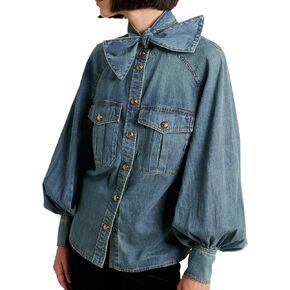 Women's Bow Denim Shirt Button Down High Neck Puff Sleeve Demin Jacket