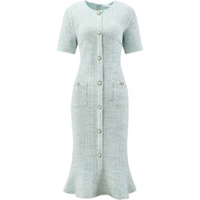 Women's Tweed Dress Short Sleeve 2025 Elegant Wedding Cocktail Bodycon Midi Fishtail Dresses