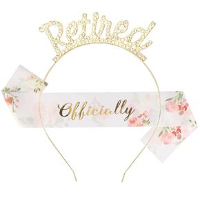 AOPRIE Retired Headband Gold Crwon Tiara for Men Women with Flower Sash for Retirement Work Party Events Party Supplies, Gifts Favors Decorations