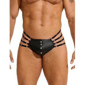 comeondear Mens Faux Leather Thong Panties Black Plus Size Jockstrap T-Back Bulge Pouch Briefs G-String with Rivet