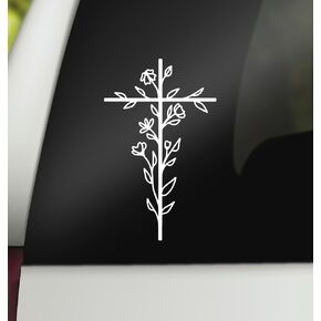 Cross Decal | Floral Cross Decal | Christian Religious Vinyl Sticker | Cross Car Decal Bumper Sticker Window Laptop Tumbler Decal | 4" x 6.5" Size White | Made in USA | DECALBUNNY