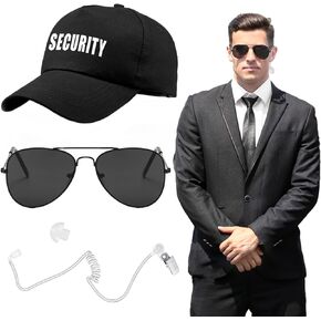 3 Pcs Agent Costume Accessories Set for Men, Secret Security Service Guard Outfit Spy Costume with Black Sunglasses Prop Earpiece Security Hat for Cosplay Game Party Dress Up