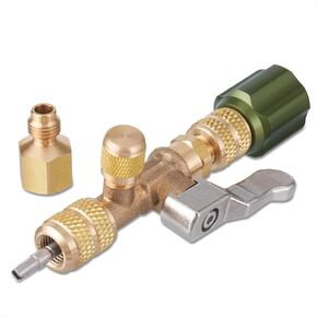 Valve Core Removal Tool for HVAC HS-1430, AC Schrader Valve Tool with Dual Size SAE 1/4 and 5/16 Port Brass Adapter Compatible with R22 R12 R410 R32 R404 R407 R507