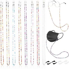 8pcs سلاسل النظارات للنساء الأنيقة والملونة من نظارات العيون الملونة حول نظارات قناع الرقبة حبل حاملي حاملي حزام حزام مع 4 أزواج من الأذن قبضة الأذن