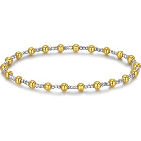 Mixed Metal Bracelet Non Tarnish Stainless Steel Gold Bead Bracelet Silver and Gold Two Tone Waterproof Stretch Bangle for Women